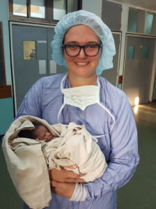 Emily Harnish with newborn
